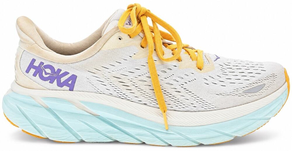HOKA Women’s 7 Running/Walking Shoes White Aqua Yellow Laces Athletic Sneakers